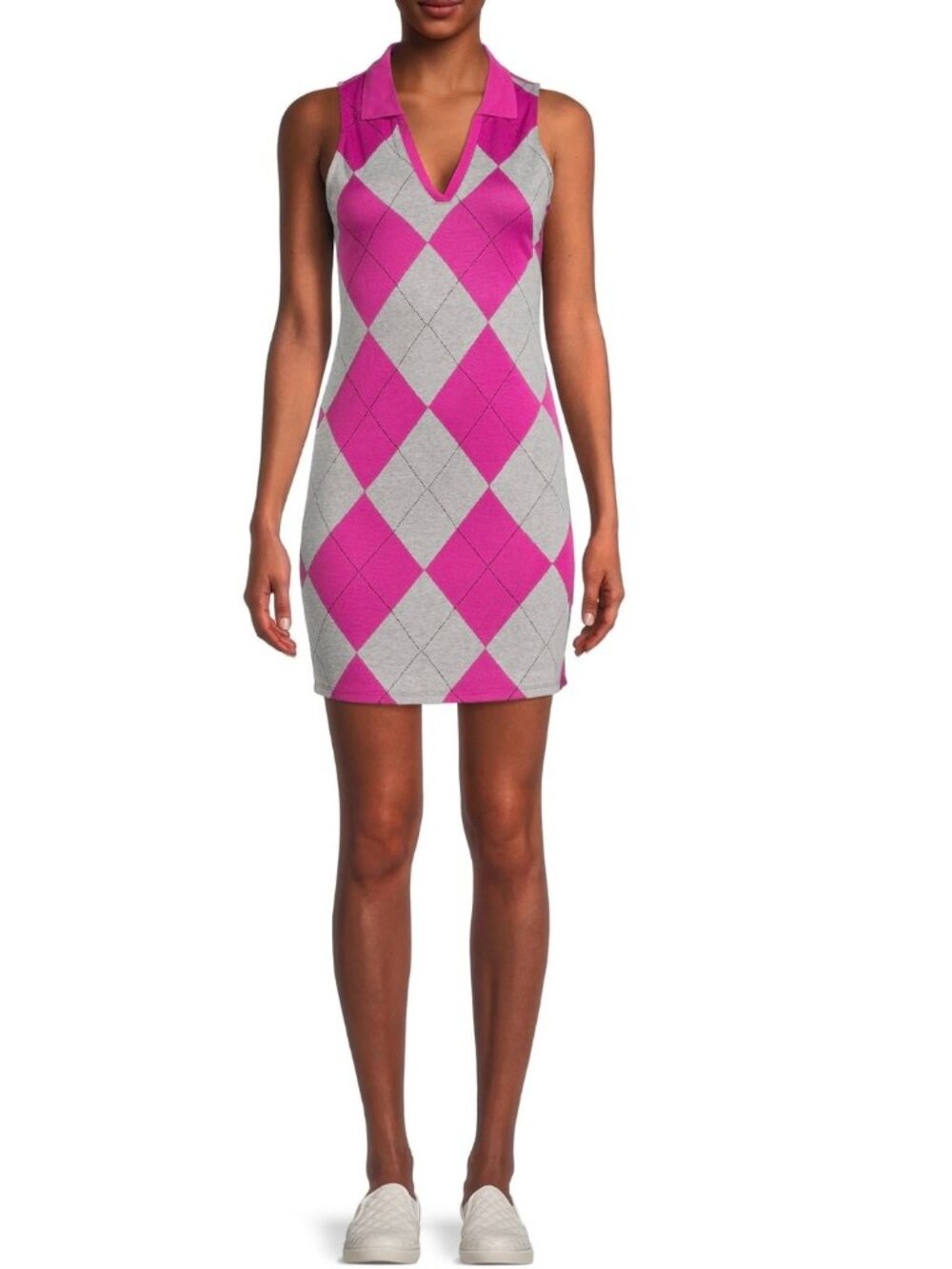 Madden NYC M Argyle Casual Sleeveless Polo Knit Short Dress Magenta Gray M (7-9)